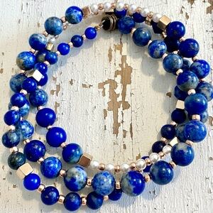 Handmade Lapis Lazuli, Mother of Pearl & Gold Hematite Triple Wrap Wire Bracelet